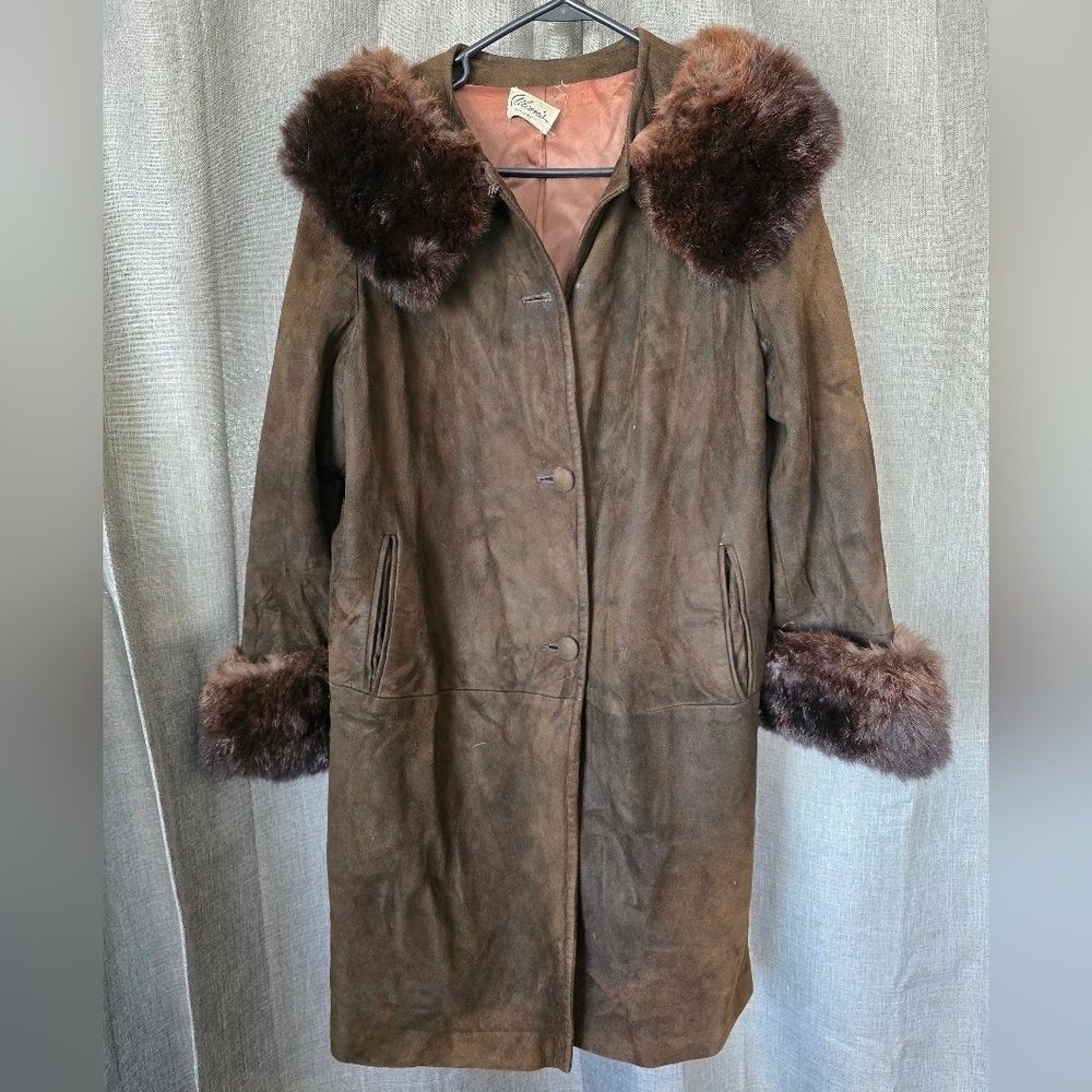 Aileen's Billings Vintage 60s Brown Suede And Fur Coat Mid Length Womens Size 10